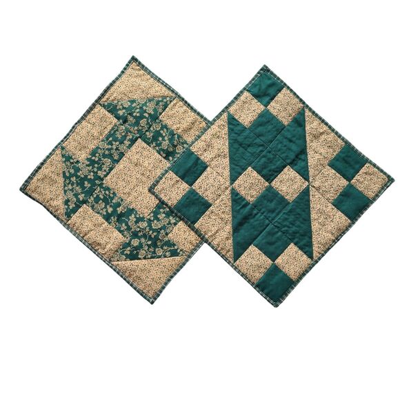 Set of 2 Handmade Patchwork Quilt Squares – Teal & Beige Country Style Designs - Picture 1 of 10